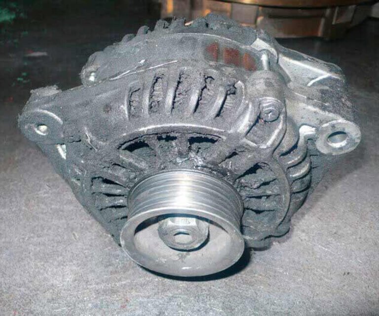 Alternador con acumulación de grasa y suciedad antes de la limpieza